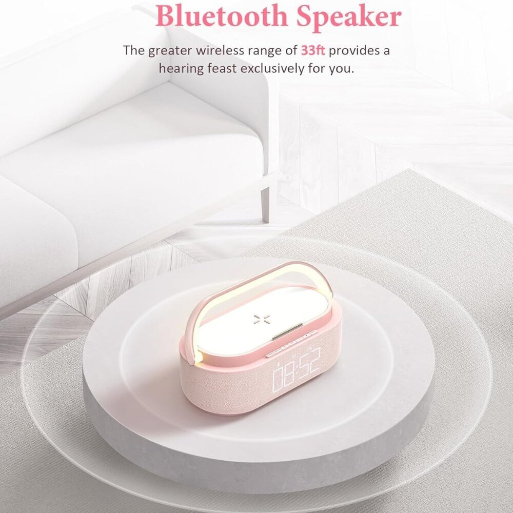 Bluetooth Speaker with Wireless Charger, FM Radio, Dimmable LED Night Light, Dua - Picture 2 of 8
